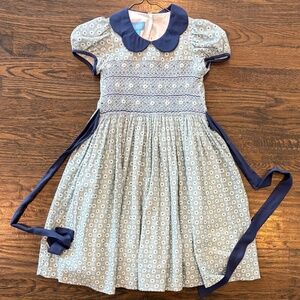 Anavini smocked dress sage green navy blue embroidered sz 7